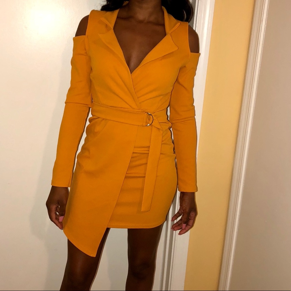 Mustard Cold Shoulder Blazer Dress